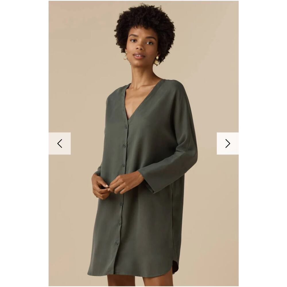 VETTA Tencel Button Down The Boyfriend Shirt Dress in Olive Green // S - Picture 4 of 15